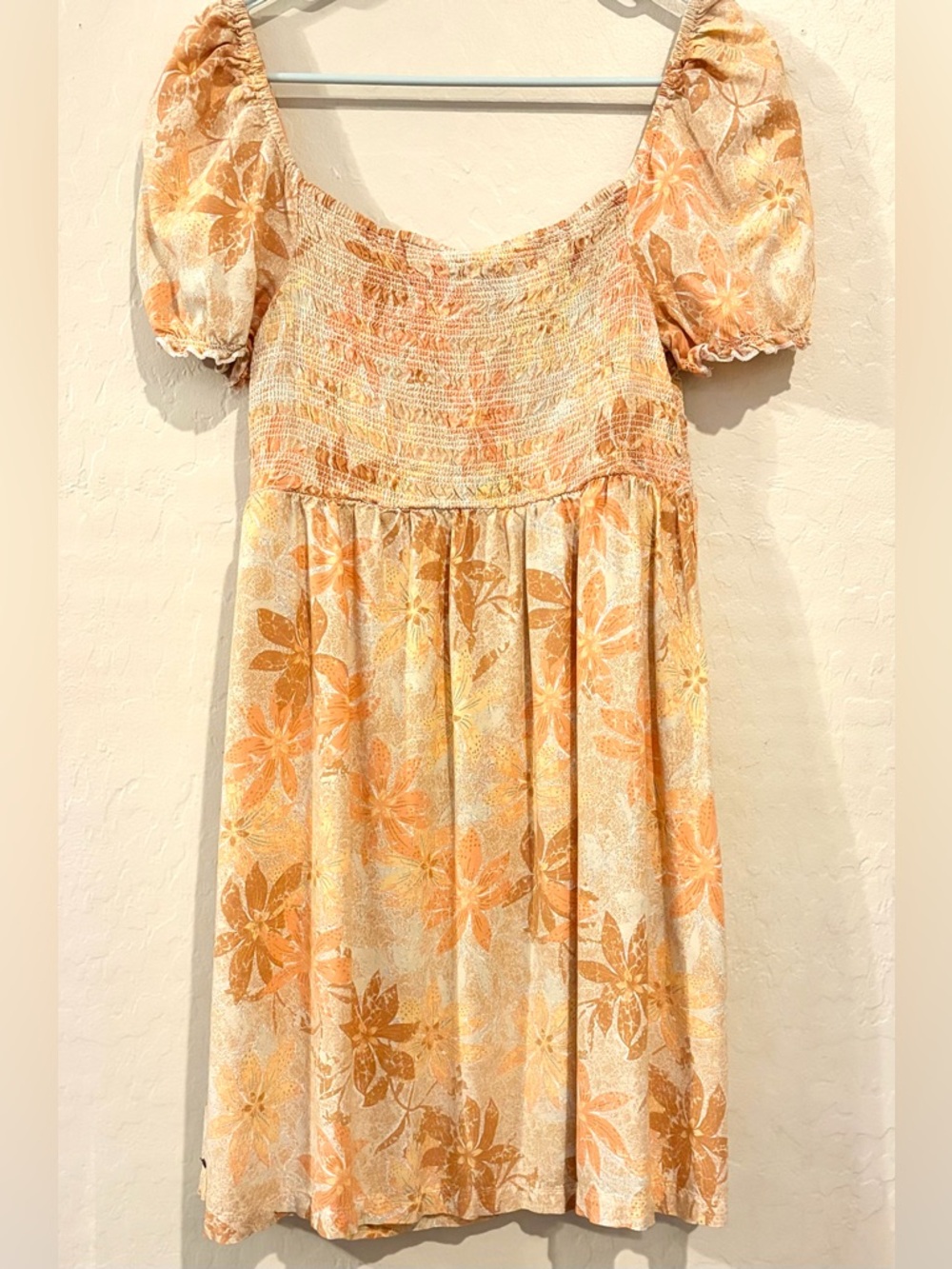 Roxy Floral Smocked Mini Dress Puff Sleeve Boho Cottagecore Orange Cream Size L